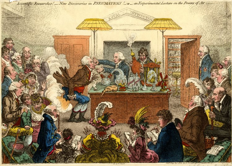 Карикатура. Хамфри Деви даёт лекцию в Royal Institution. (James Gillray, Wikipedia)